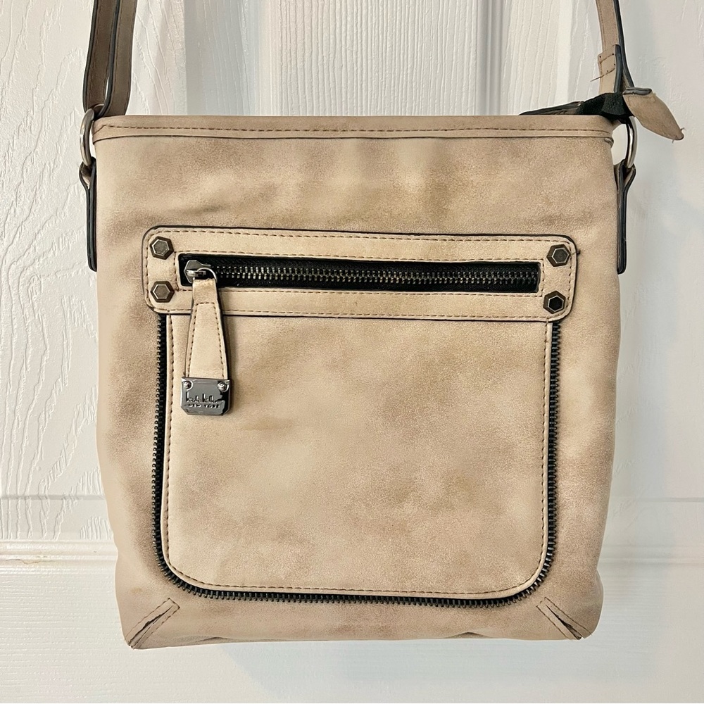 Nicole Miller New York Light Beige Crossbody Purse with Zipper Detail